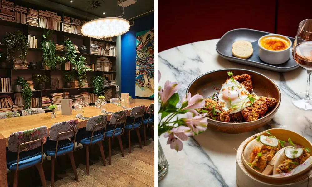 private dining in a library, plus a table topped with Asian-inspired small plates