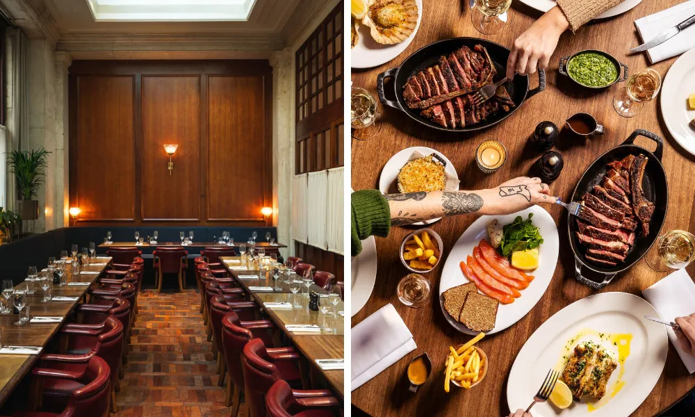 long tables in an oak room and steak dishes