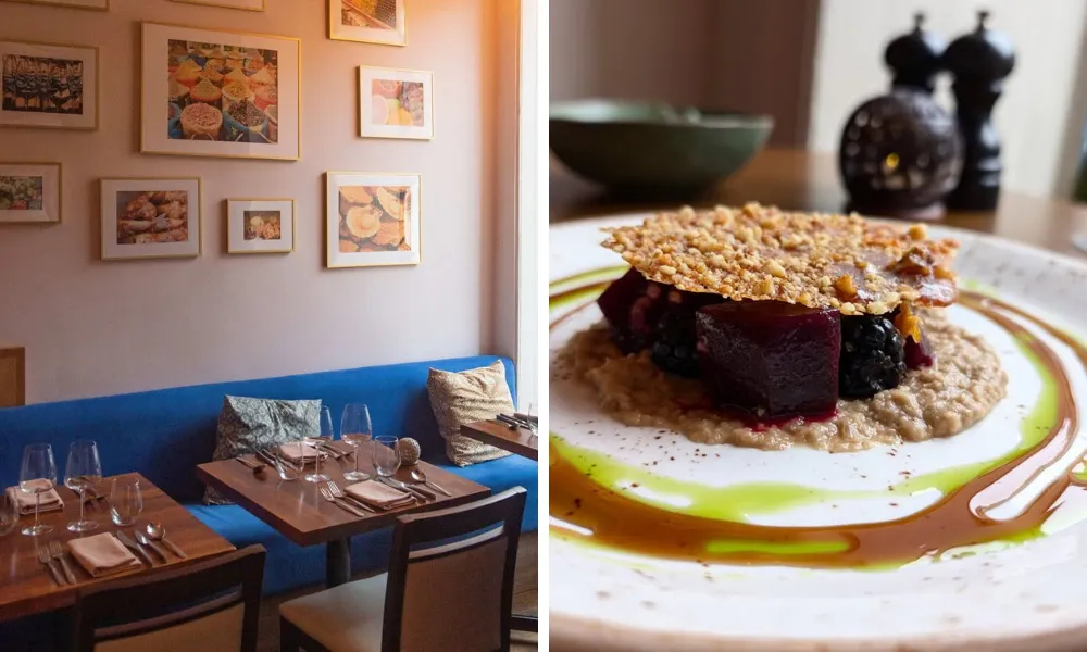 dining room with blue banquette and plate of food