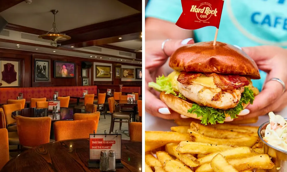 hands holding burger with hard rock cafe flag