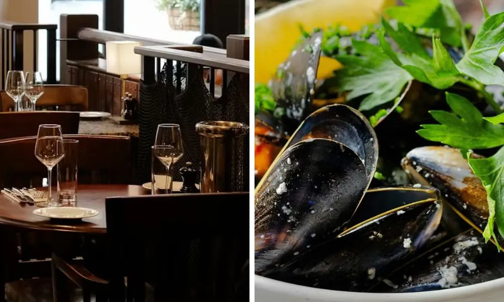 restaurant dining room and mussels with parsley
