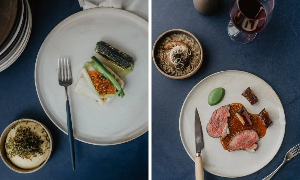 charred cabbage with salmon roe and beef with red wine
