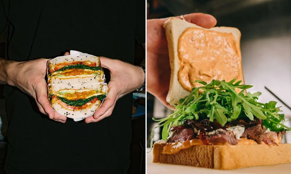 hand holding baked bean sandwich