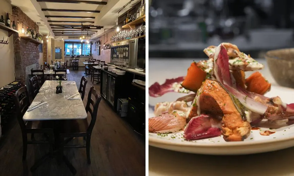 basement private dining room with wine bar and sweet potato dish
