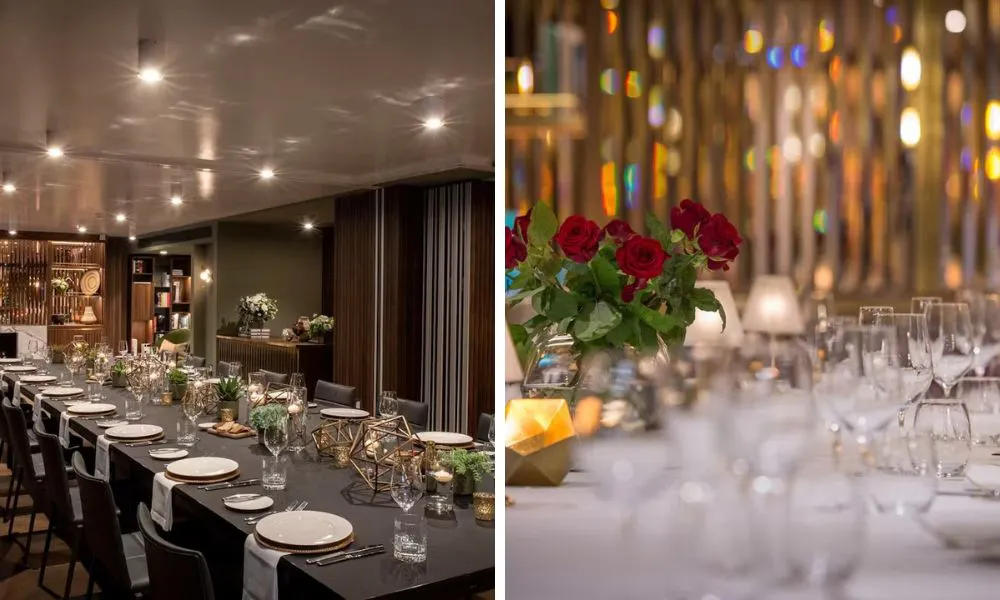 long table in private dining room and close up of tablescape
