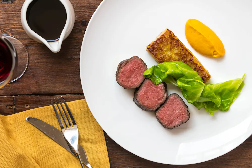 Roasted beef fillet with Burren-stuffed boxty at Myrtle