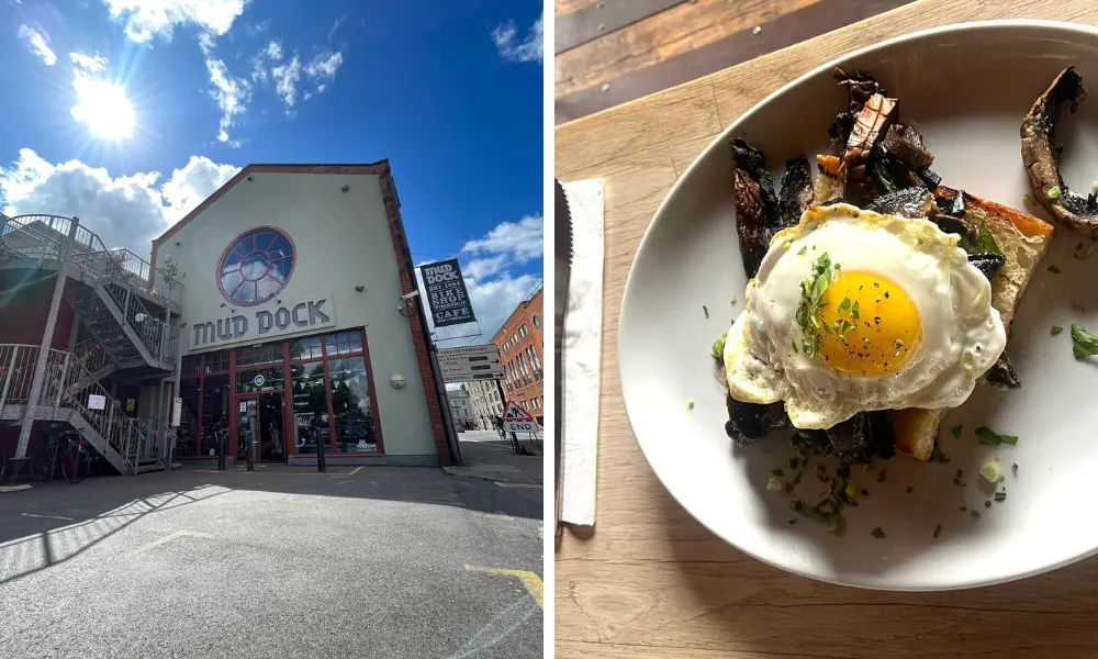 fried eggs with mushrooms at mud dock 