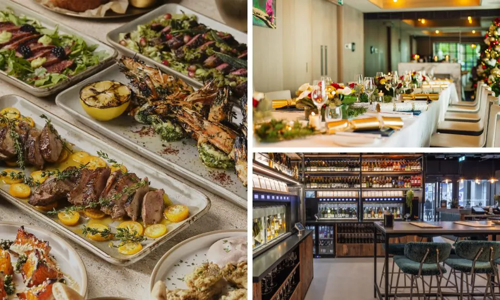 table covered in sharing plates, a set up for a festive dinner and the inside of a wine bar