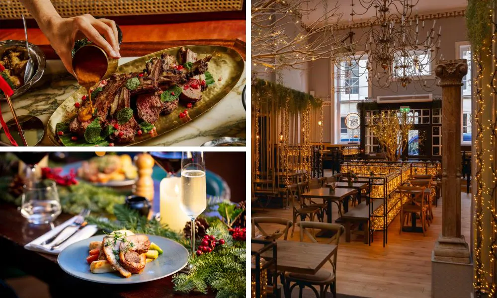 festive dishes on a table, and restaurant interiors at Mowgli with trees and twinkling lights.