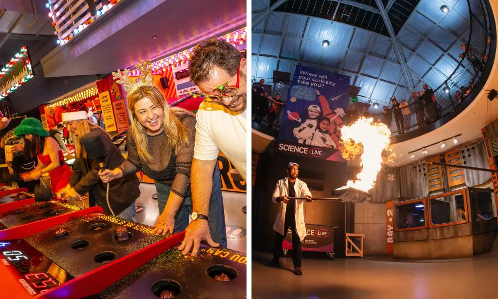 People playing fairground games and someone doing live-fire science experiments