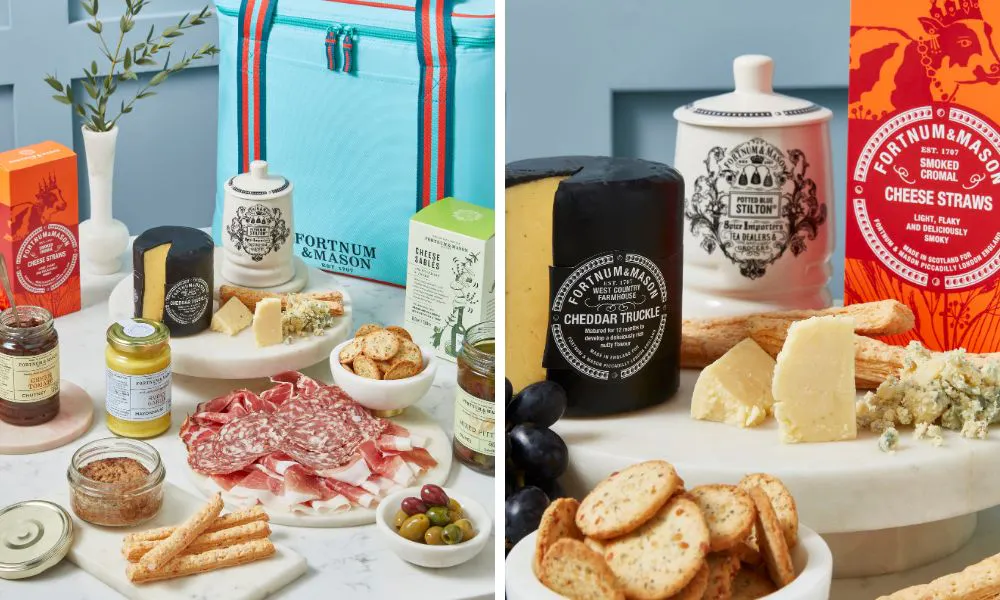 fortnum and masons picnic basket with cheeses and charcuterie