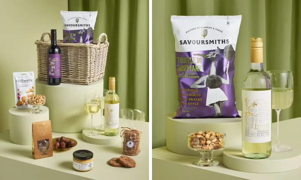 wicker hamper and bottle of wine with truffle crisps
