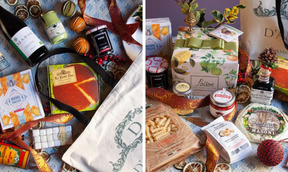 french hamper with cake wine and cider