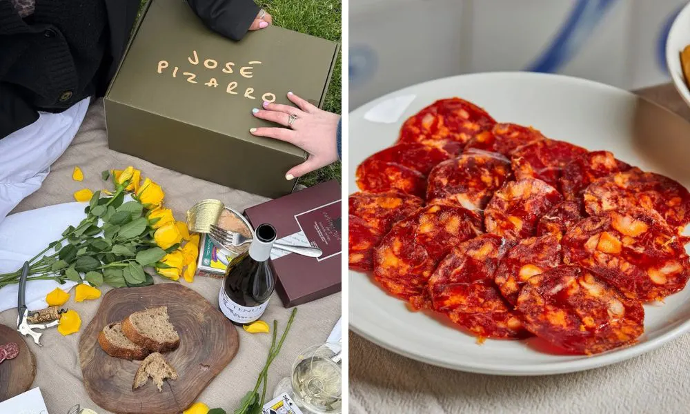 branded box with flowers and bread and sliced chorizo