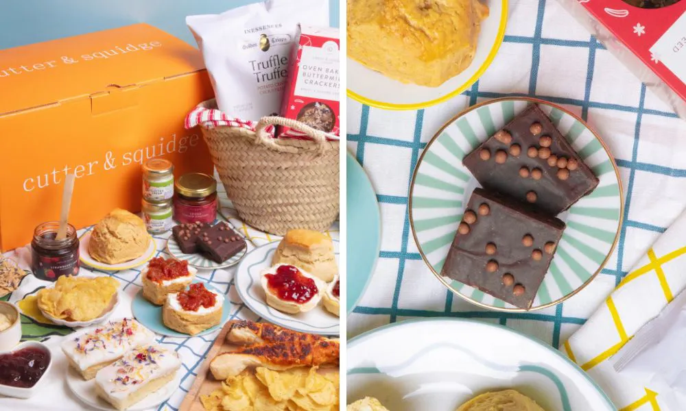 afternoon tea bundle and close up of chocolate bronwie squares