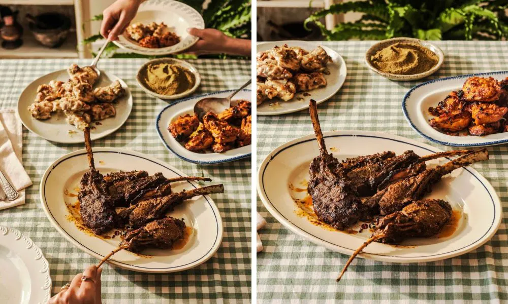 kebab and lamb chops on a chequered tablecloth