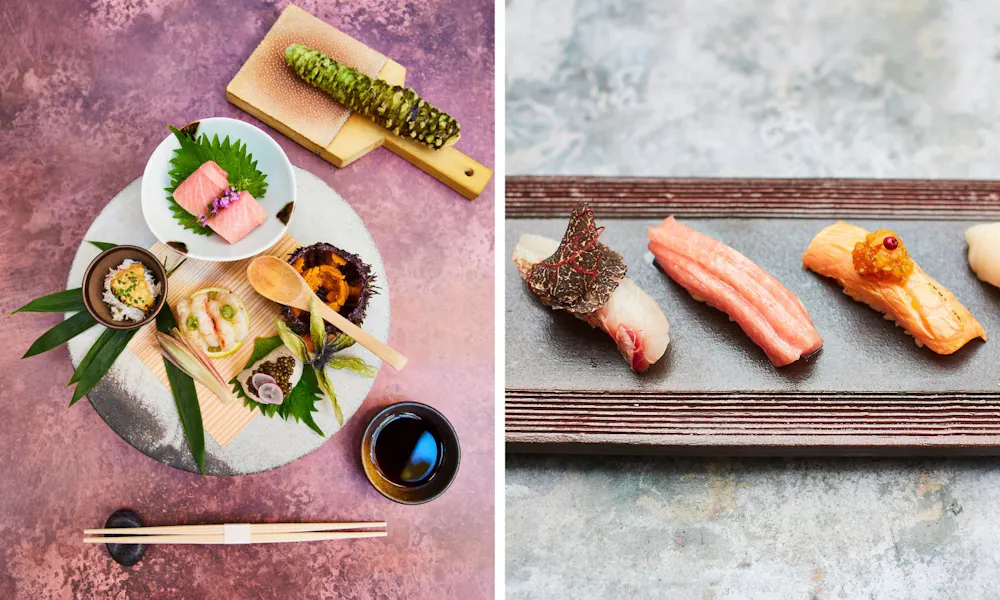 A clean presentation on a round platter with wasabi on the side