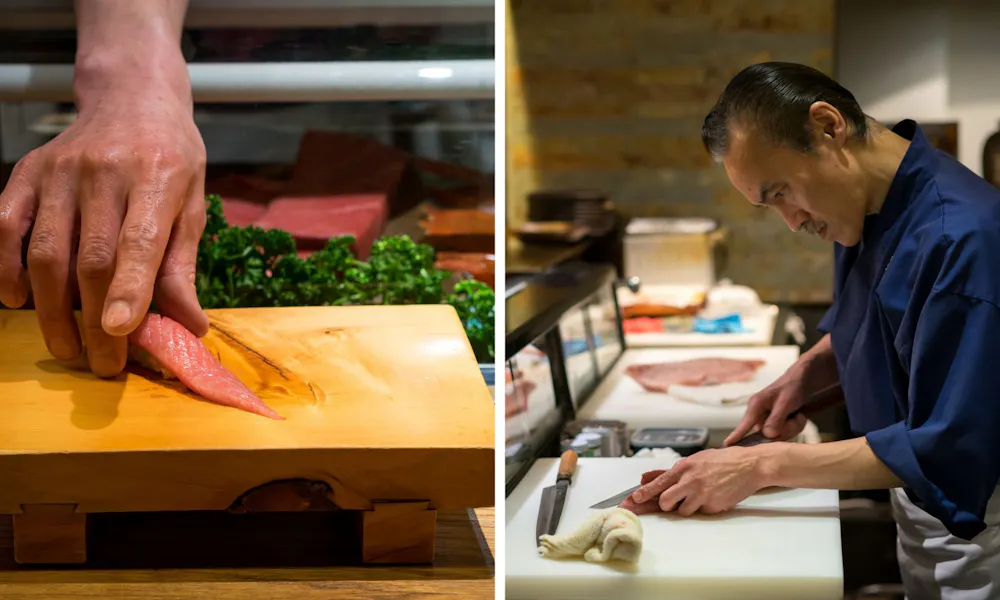 One piece of simple sushi and one picture of sushi chef carving up some fish