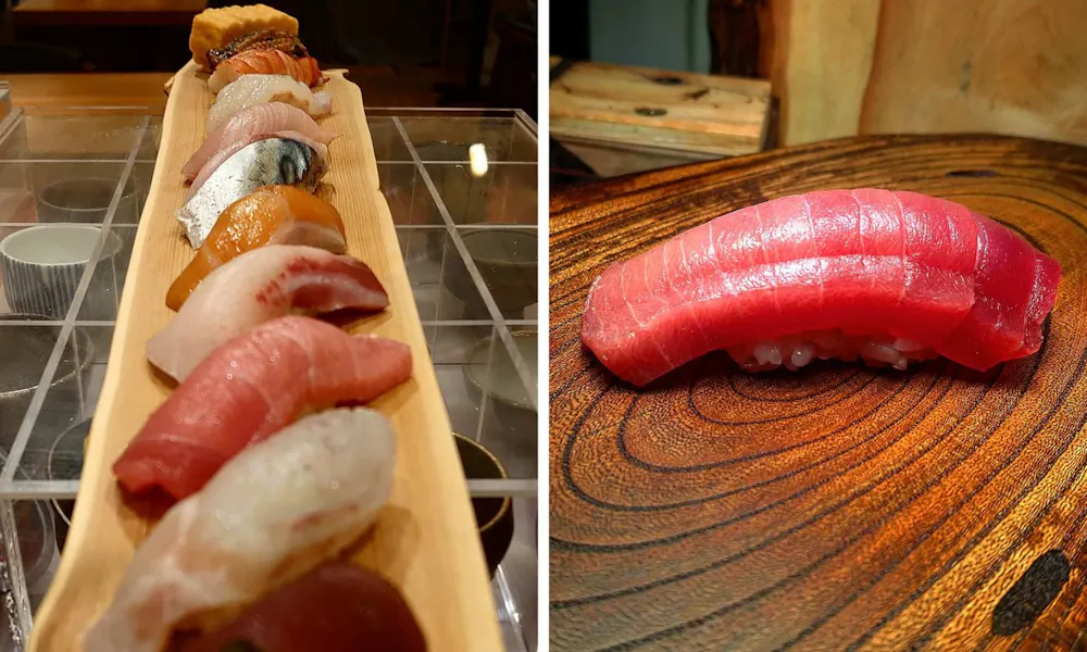 A pictures of sushi lined up on a platter