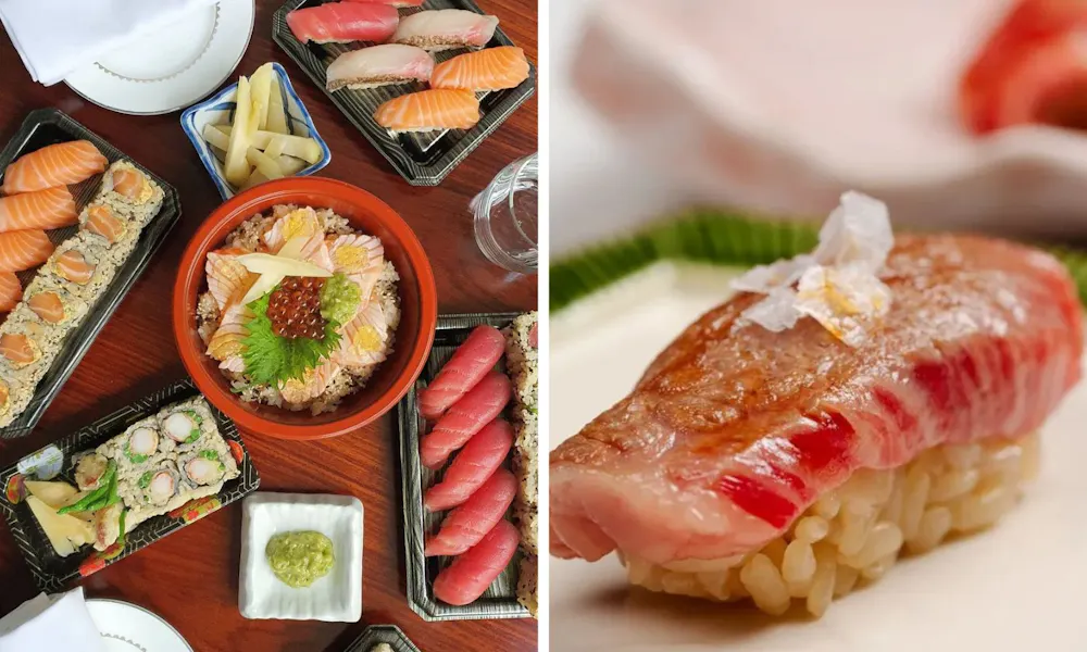 A table laid out with lots of sushi on top of it