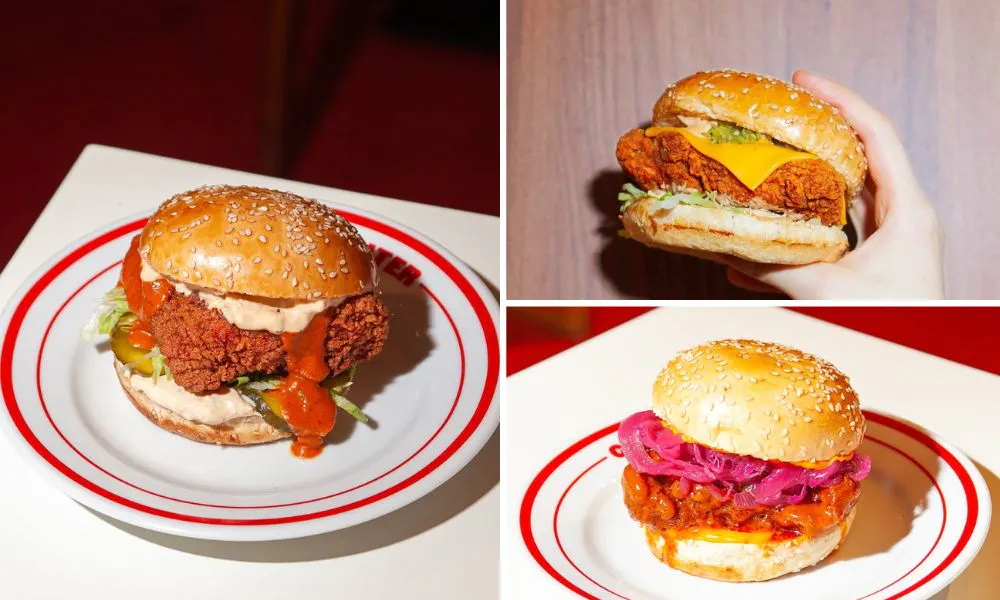 Three fried chicken burgers