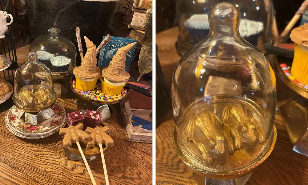 harry potter themed afternoon tea with wizard hat cones and frog desserts