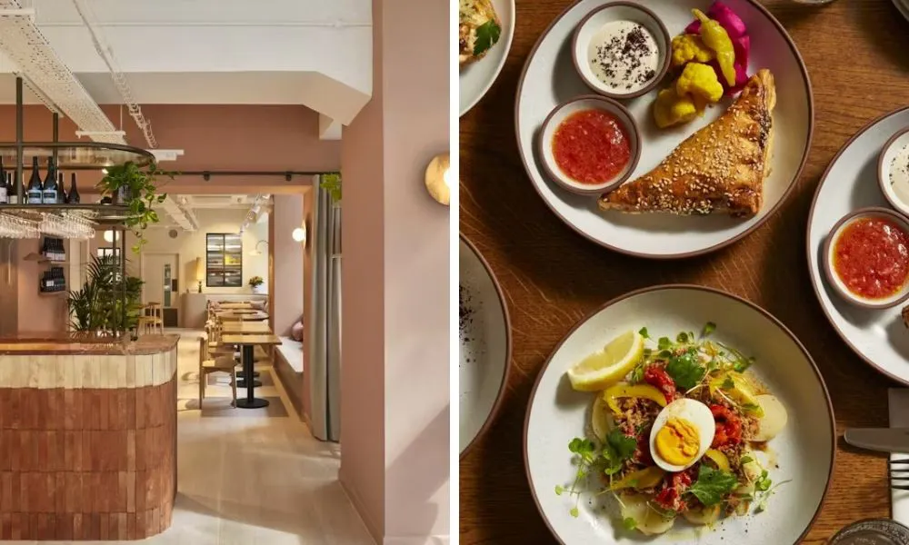 restaurant with counter dining and selection of middle eastern dishes