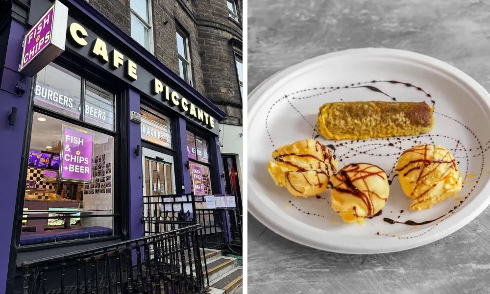 chip shop exterior and a deep fried mars bar with ice cream
