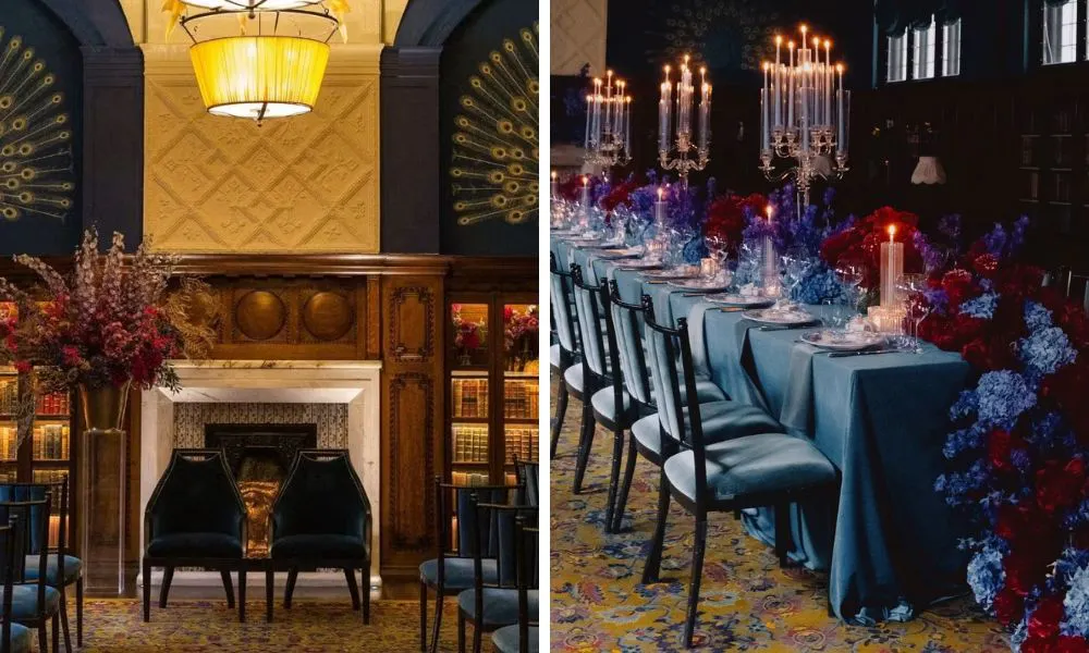 wedding aisle beside a fireplace and colourful floral arrangement