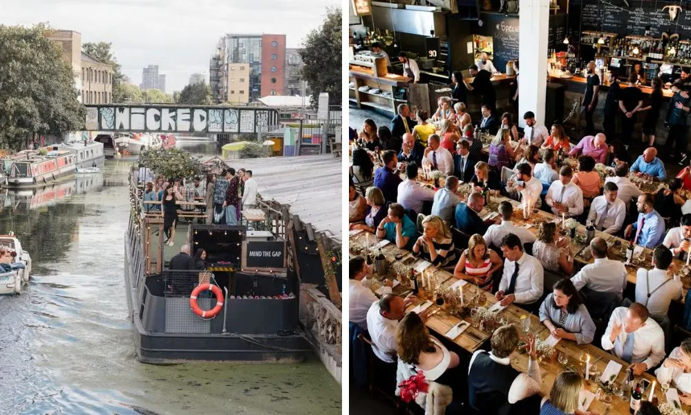 wedding guests on a canal boat and wedding breakfast on long wooden benches