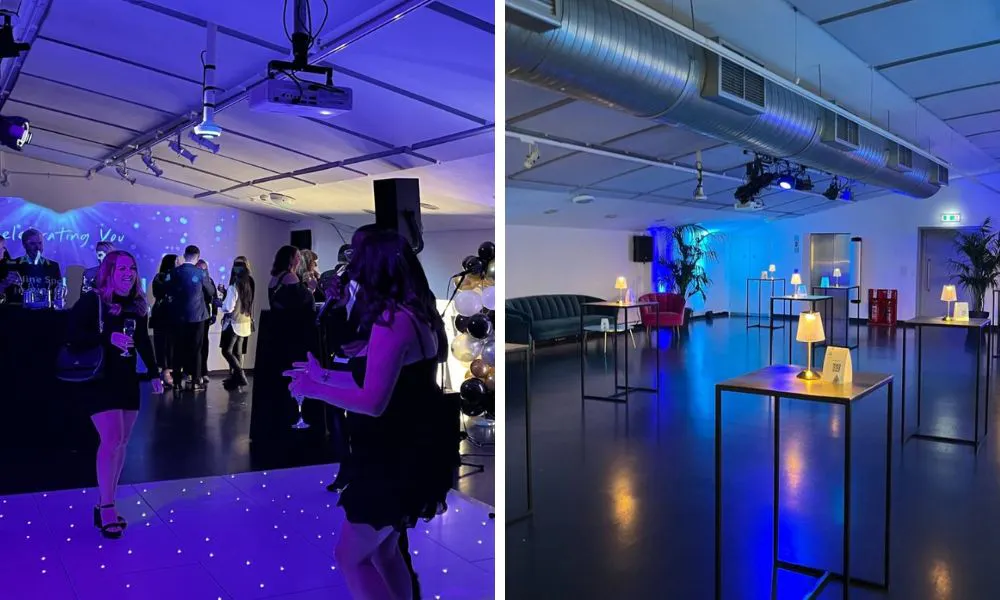 people dancing at a wedding and event space with high tables