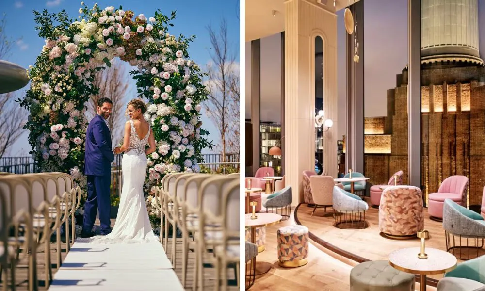 A couple getting married on a rooftop, and a bar with a view of battersea power station