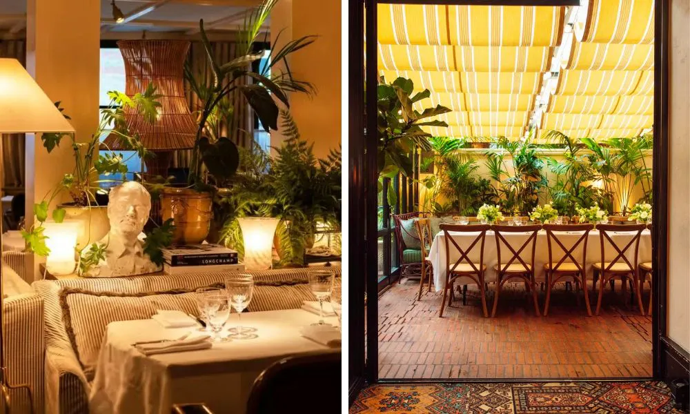 outdoor dining space, and tables set up in a restaurant
