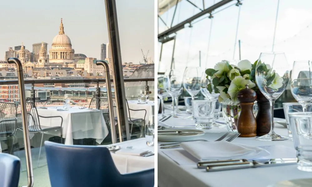 Scenic views of St Paul's Cathedral, and a table set up for a wedding breakfast