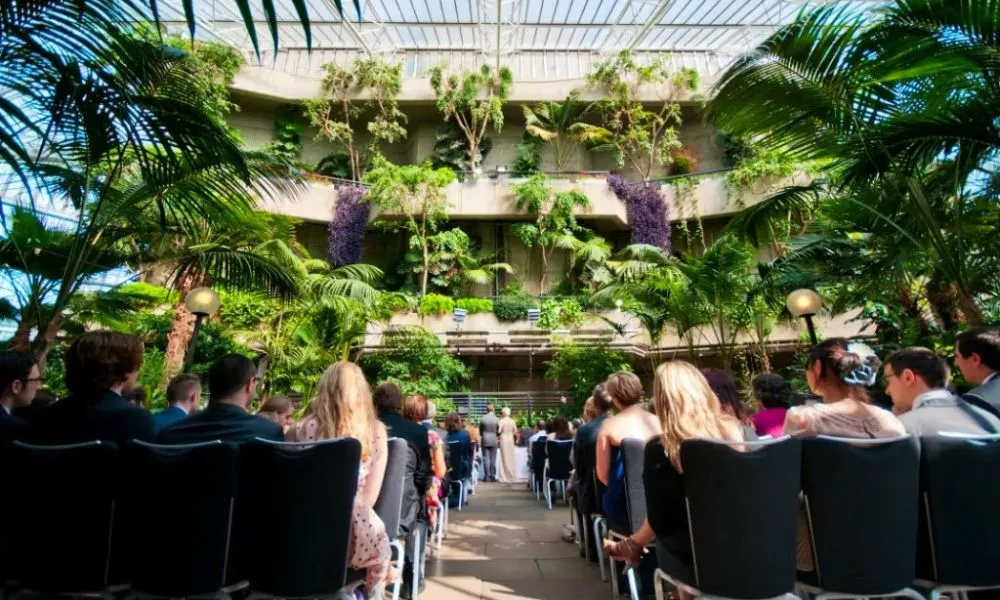 A wedding reception set up at the Conservatory at the Barbican
