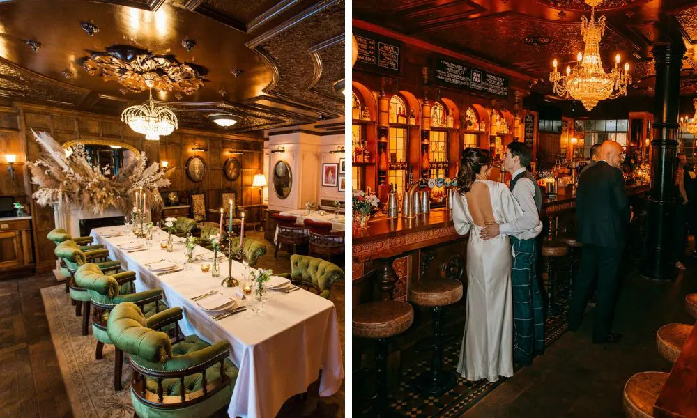 Newly wed couple at the bar, and banquet style tables set for dinner in a pub