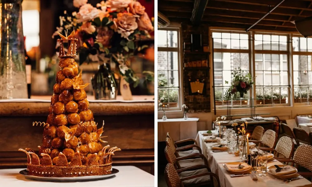 croquembouche and tables at french restaurants
