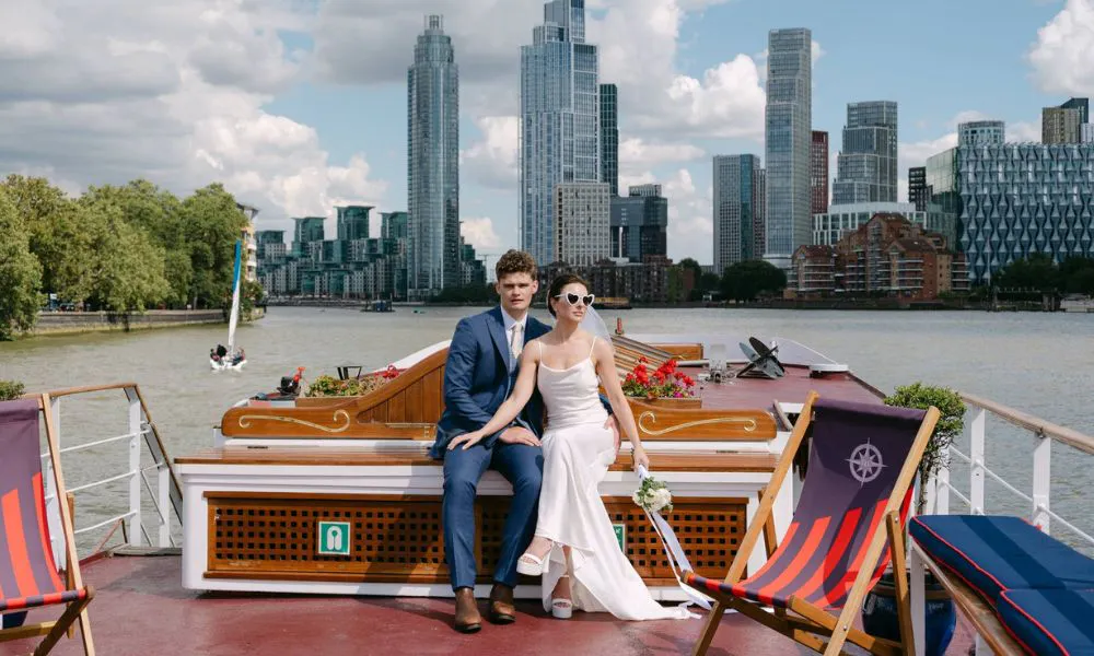 a couple on a boat just after getting married