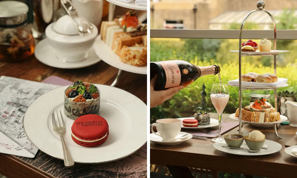 Red macaron and bayeux tapestry afternoon tea