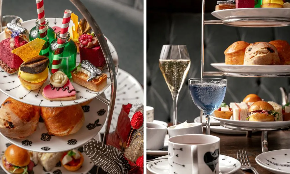 colourful cakes and scones on a tiered stand for afternoon tea