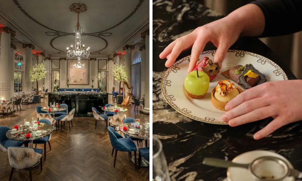striking dining room at the homage, and a selection of theatre-based afternoon tea treats