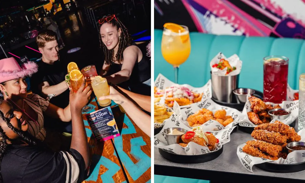 people drinking cocktails and a selection of street food