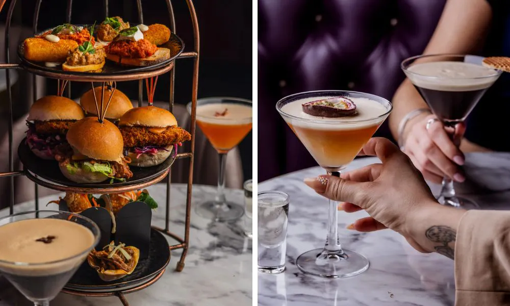 bird cage stand with sliders and snacks, and a couple of Martinis