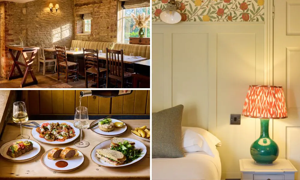 The main pub, examples of dishes, and a bedroom photo