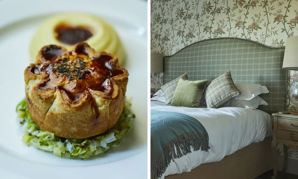 small homemade pie with mash and image of pub room bed