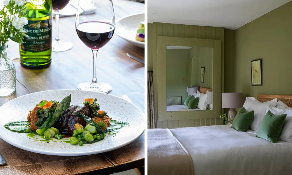 Sea green bedroom with gastropub dish