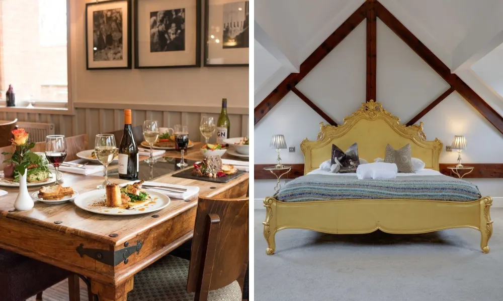 bed with gold bed frame and pub table laid with food