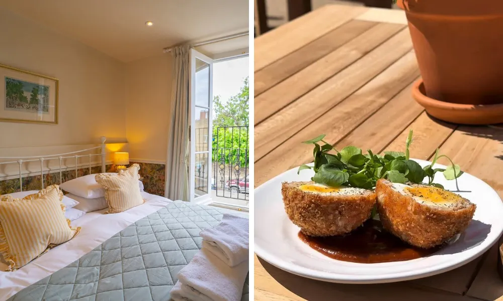Scotch egg in beer garden and shot of bedroom balcony