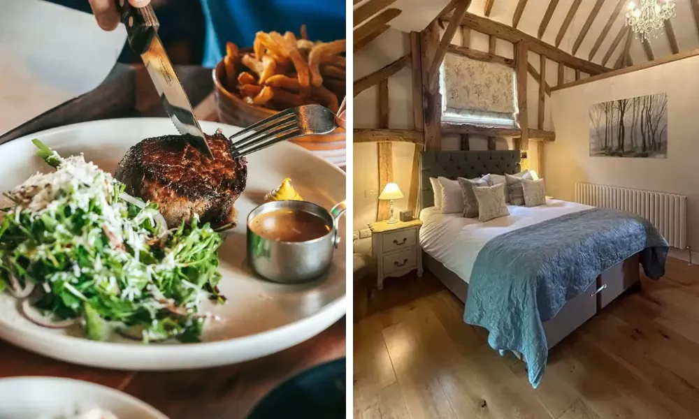 steak and chips and bedroom with old wooden beams