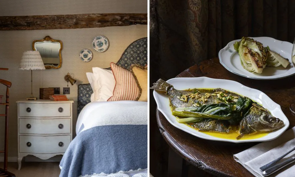 Bedroom at the swan inn and a fish dish in the restaurant